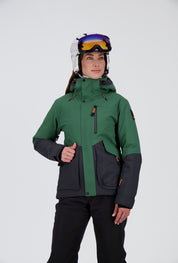 Frontansicht der sportlichen pine green/off black Damen Skijacke Zermatt von Belowzero