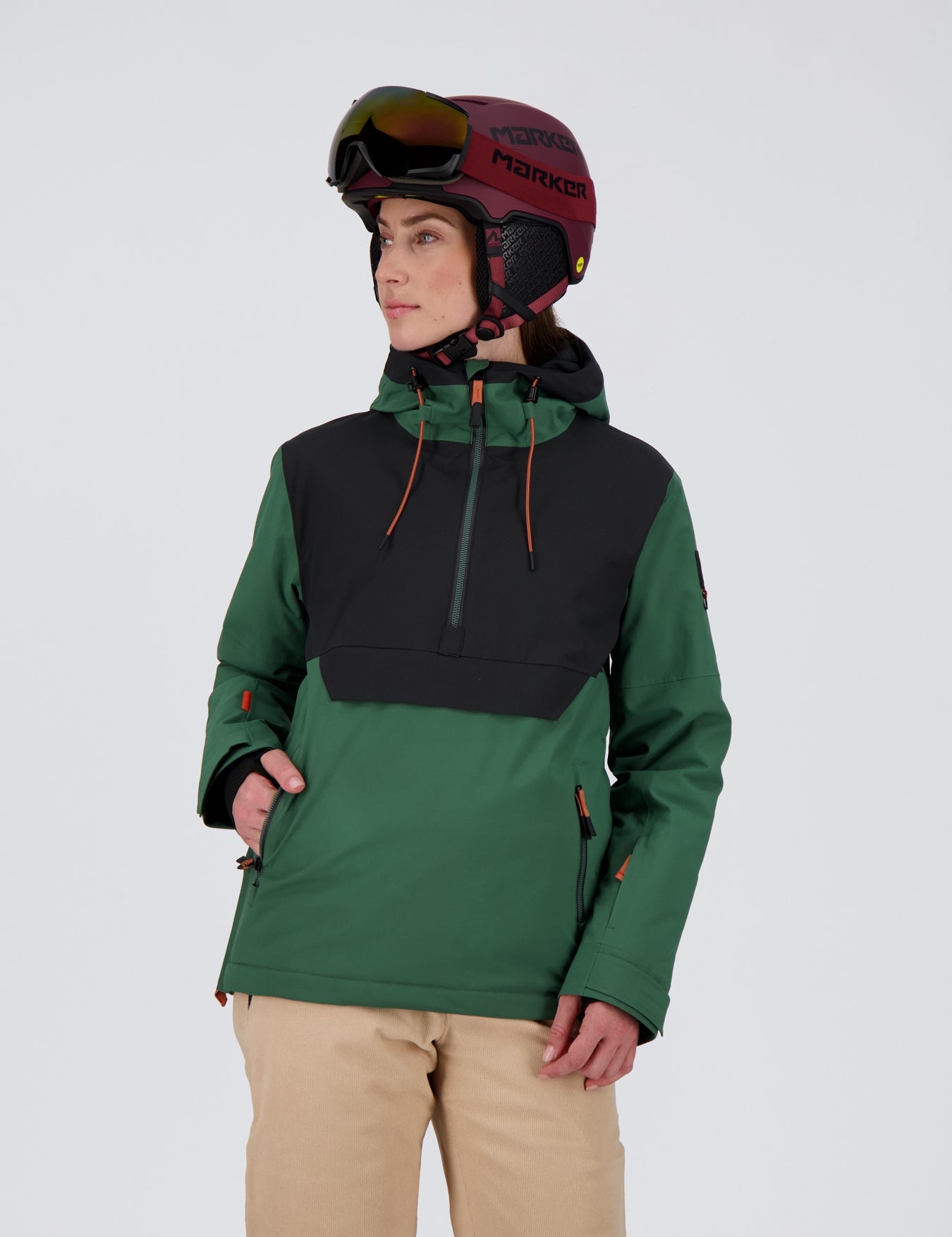 Frontansicht der pine green off black New Generation Half Zip Skijacke Elm von Belowzero