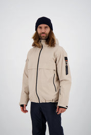 Funktionale Belowzero Herren-Skijacke in Beige mit Kapuze, schwarzen Kontrast-Reissverschlüssen, Ärmeltasche und markantem Oberarm-Tag.