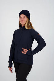 Sportliche Belowzero Damen-Fleecejacke in Dunkelblau mit Stehkragen, Brusttasche und Daumenschlaufen als funktionale Zwischenschicht.